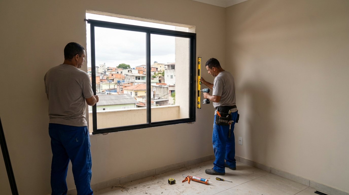 Esquadria de alumínio em quarto bege em Mogi das Cruzes-SP