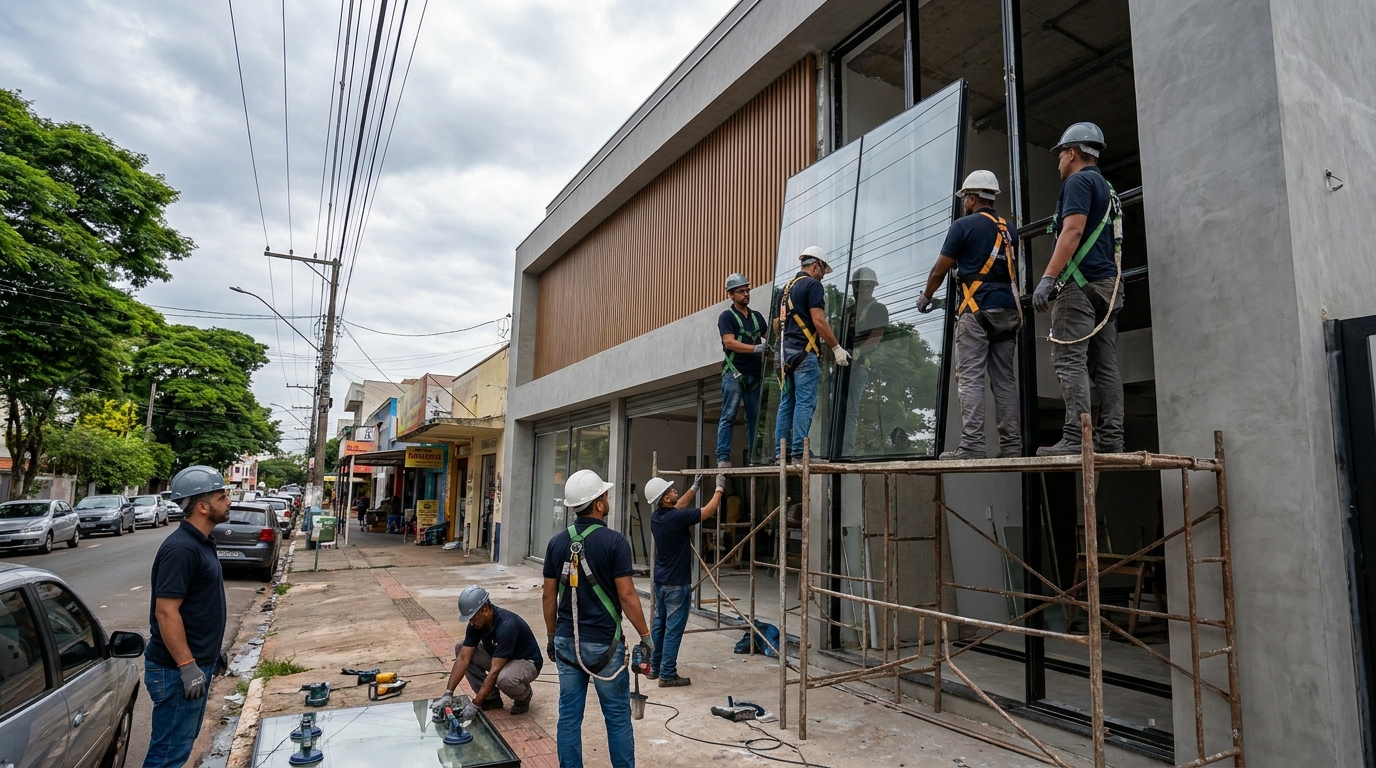 Fachada de vidro com andaime lateral em Mogi das Cruzes-SP