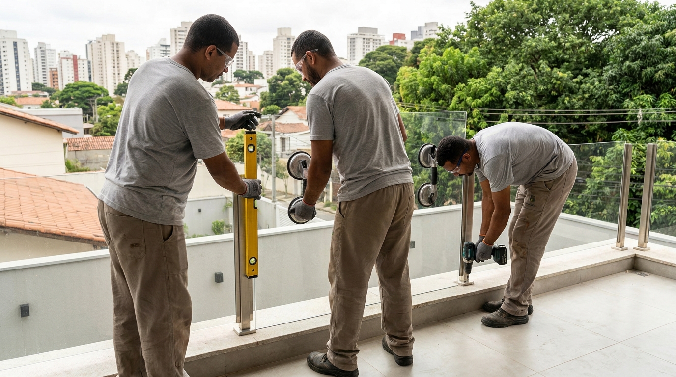Guarda-corpo em terraço alto com vista cidade em Mogi das Cruzes-SP