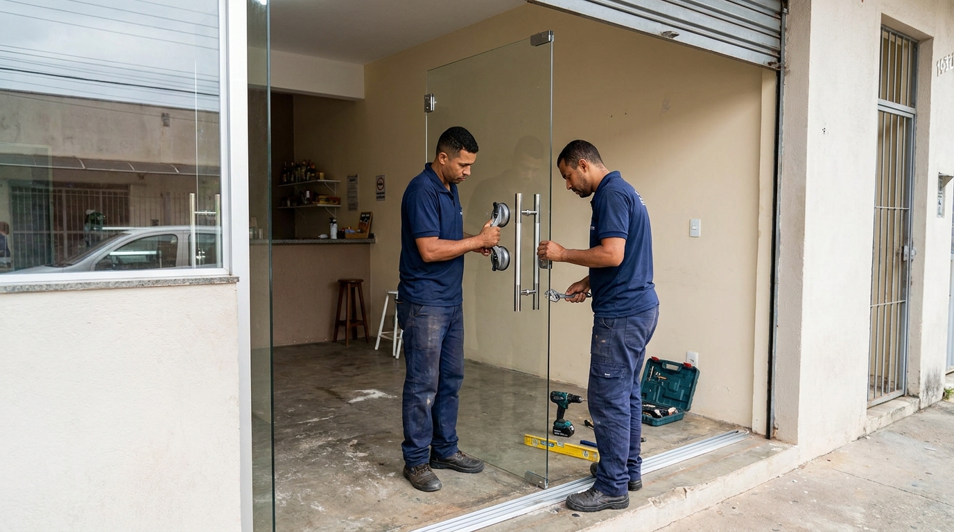 Dupla instalando porta de vidro em loja em Mogi das Cruzes-SP